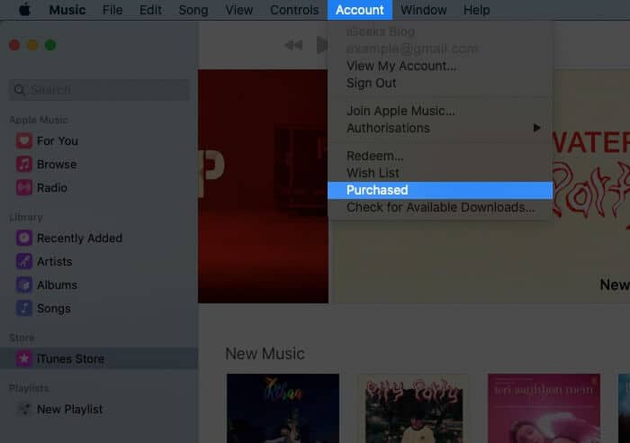 Click on Account from Top Menubar and Then Click on Purchased in Music App on Mac