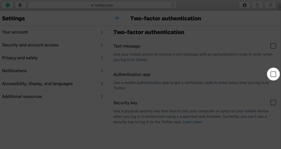 Click on Authentication App Check box in Twitter Profile on Mac