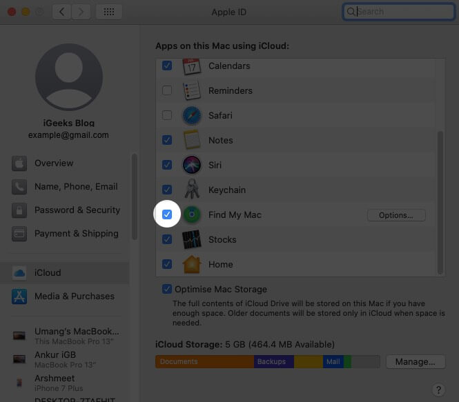 Click on Check Box for Find My Mac in System Preferences on Mac
