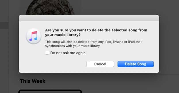 Click on Delete Song to Remove Purchased Music from Music App on Mac