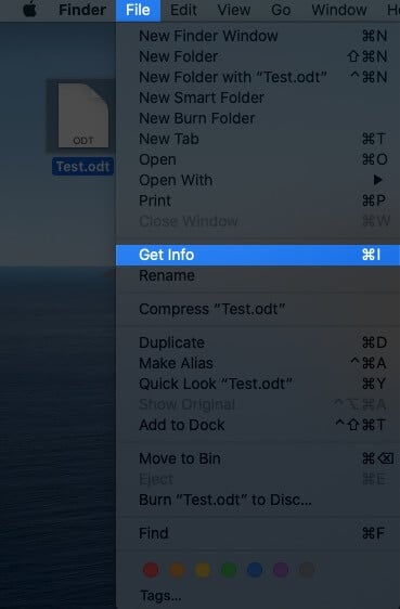 Click on File in Top Menubar and then Click on Get Info on Mac