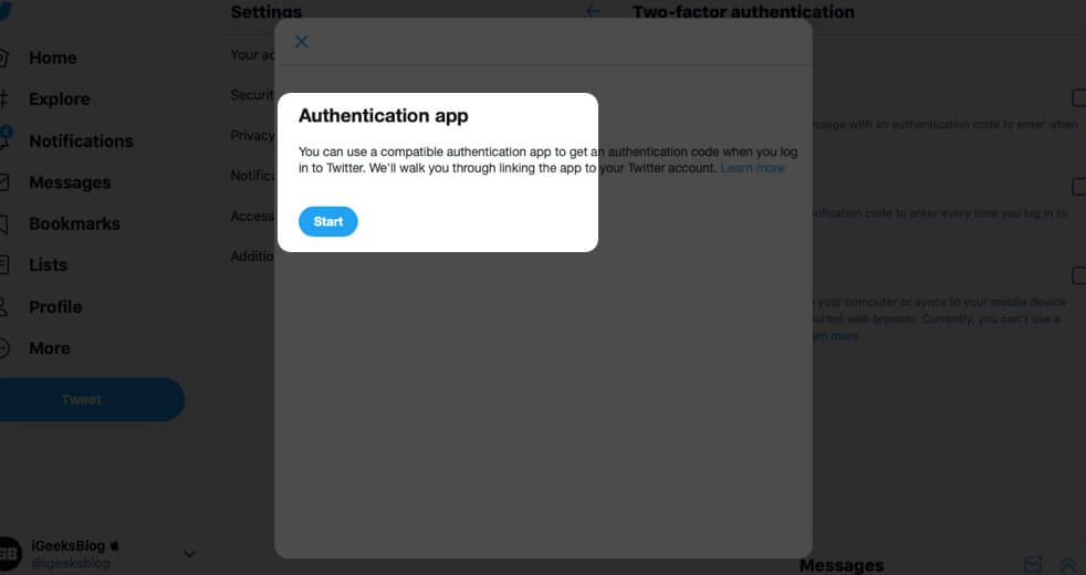 Click on Start for Authentication App in Twitter