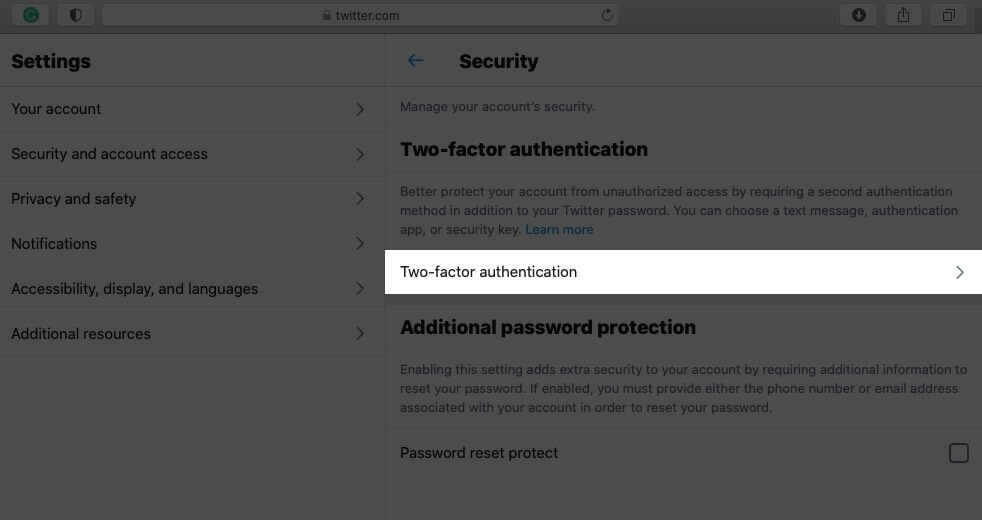 Click on Two-factor Authentication in Twitter on Mac