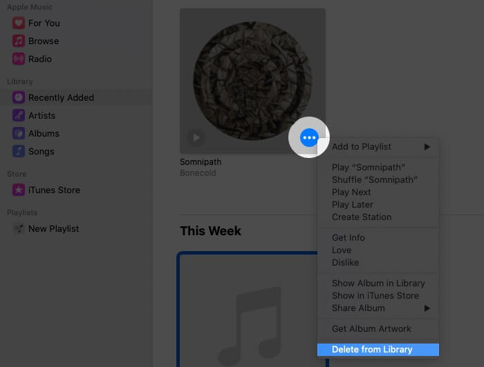 Click on Three Dots and Select Delete from Library on Song in Music App on Mac