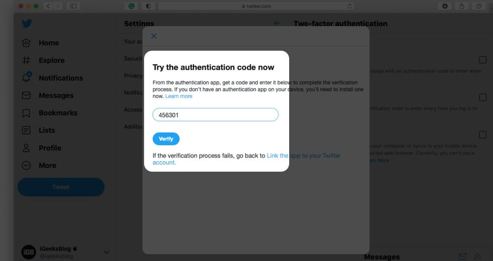 Enter Code and Click on Verify to Enable 2FA using Authentication App for Twitter on Computer