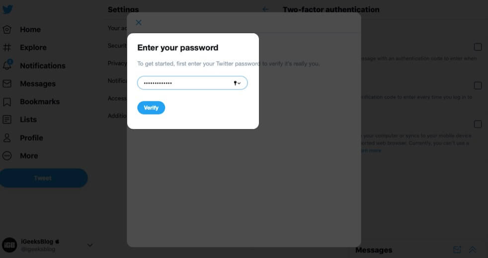 Enter Twitter Password and Click on Verify