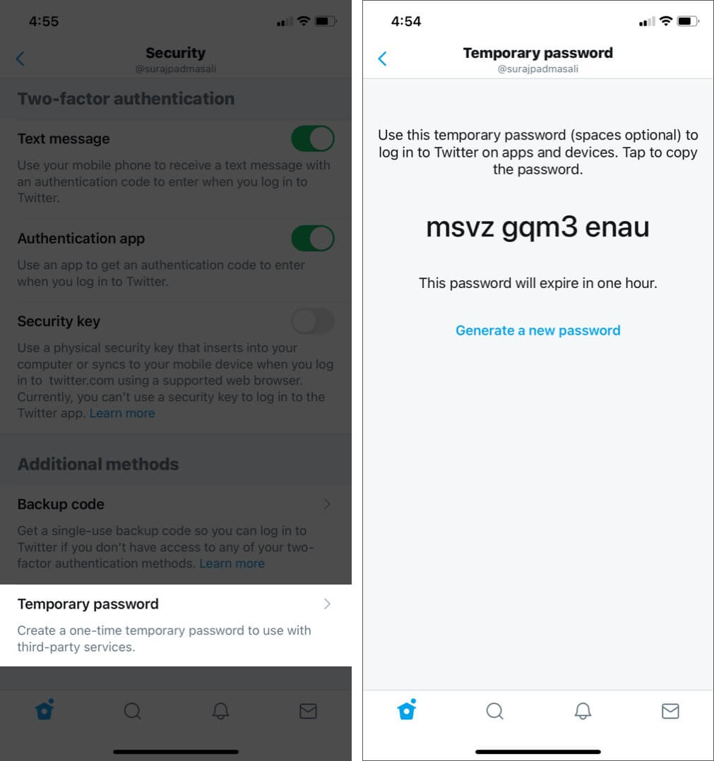 Generate Temporary Twitter Password on iPhone