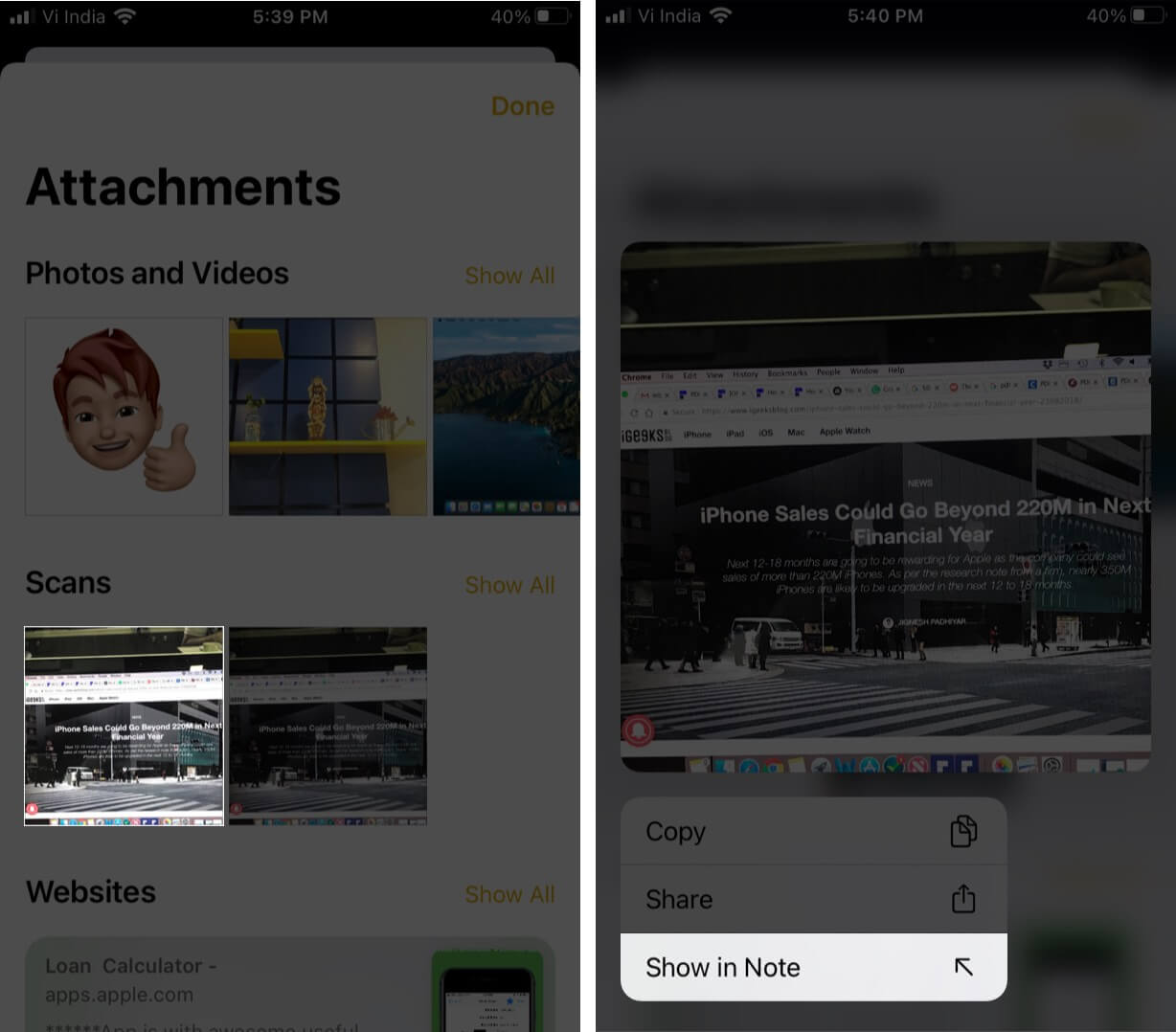 Long Press on Attachment and Then Tap on Show in Note on iPhone