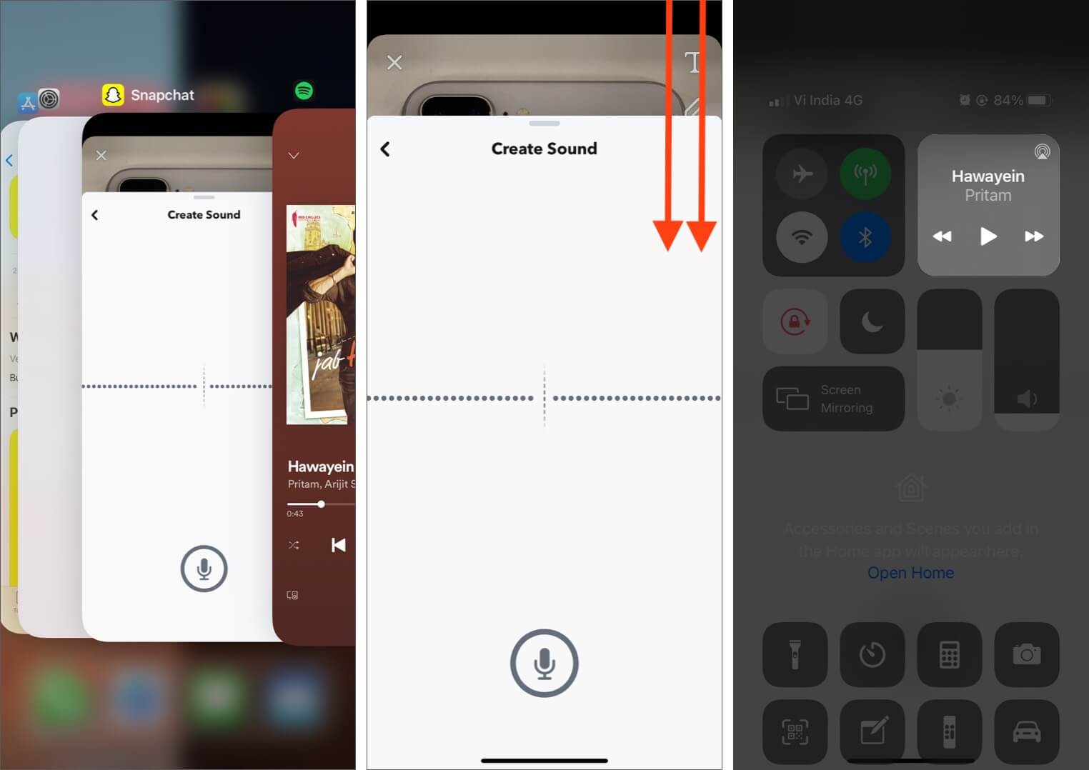 Open App Switcher Tap on Snapchat and Then Open Control Center to Play Music on iPhone