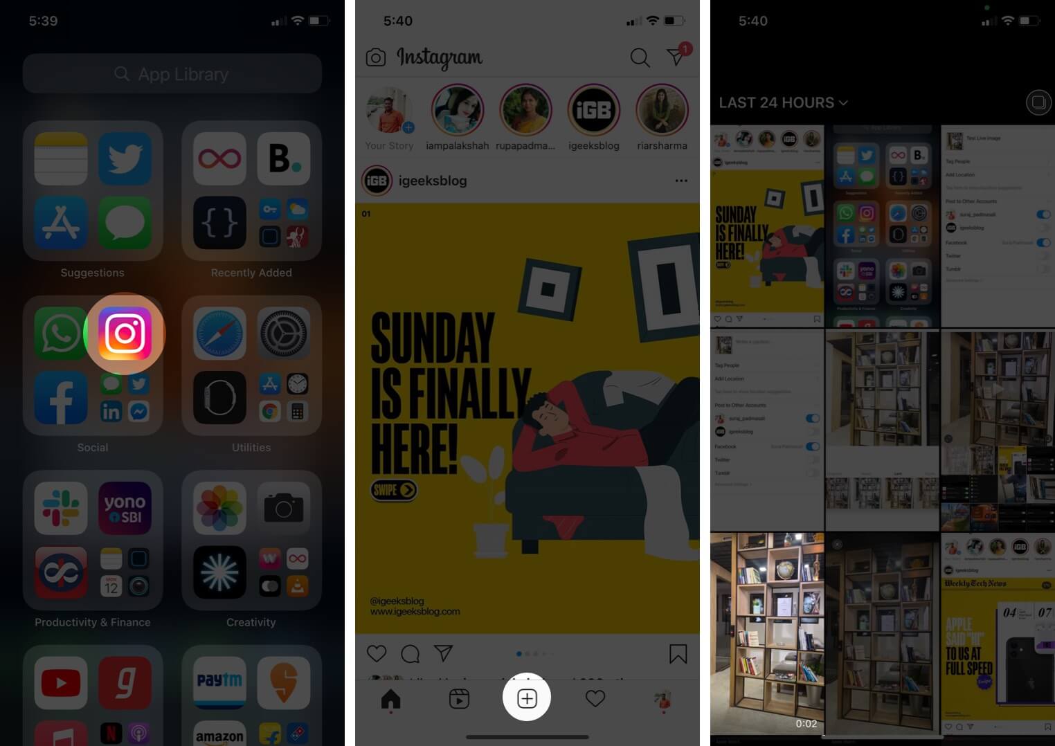 Open Instagram Tap on Plus and Then Tap on Video on iPhone