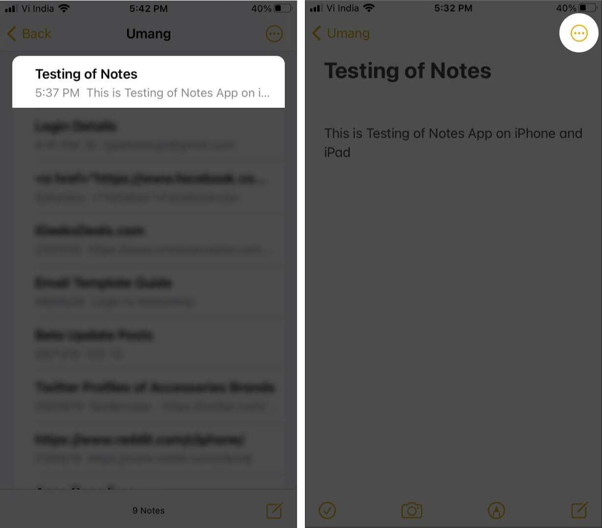 Open Note and Tap on Three Dots in Notes App on iPhone