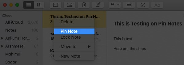 right click on note and click on pin note in notes app on mac