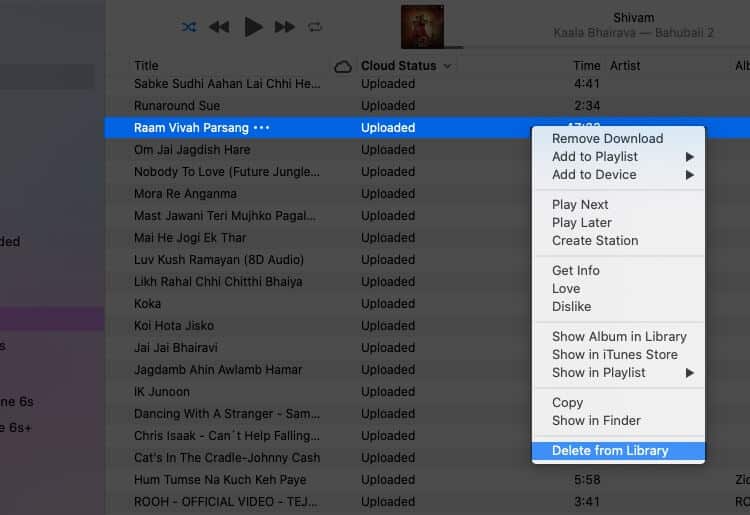 Right Click on Song and Select Delete from Library on Mac