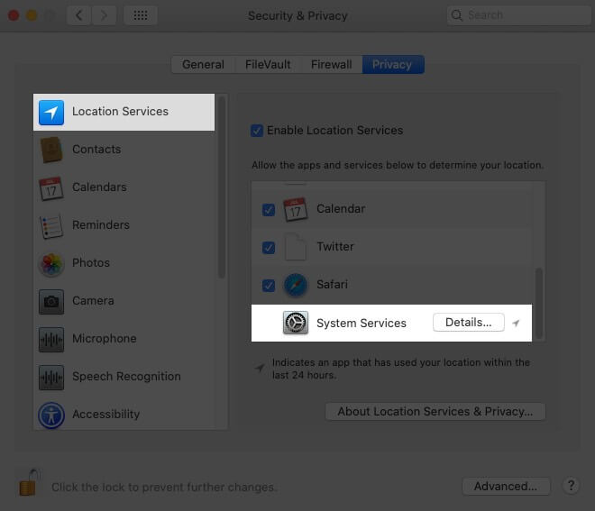 Select Location Services and then Click on Details Next to System Services on Mac