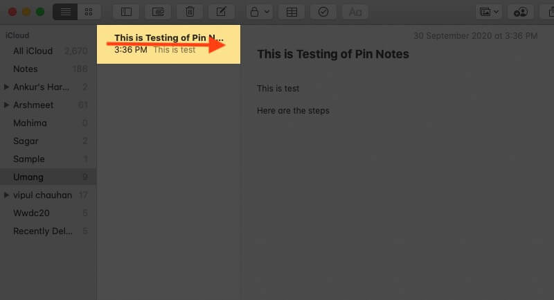 Select Note and Swipe Right with Two Fingers on Mac Trackpad on Note in Note App