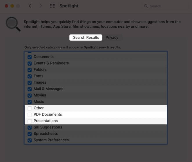 Select Search Result Tab and Uncheck Option to Disable it from Spotlight Search on Mac