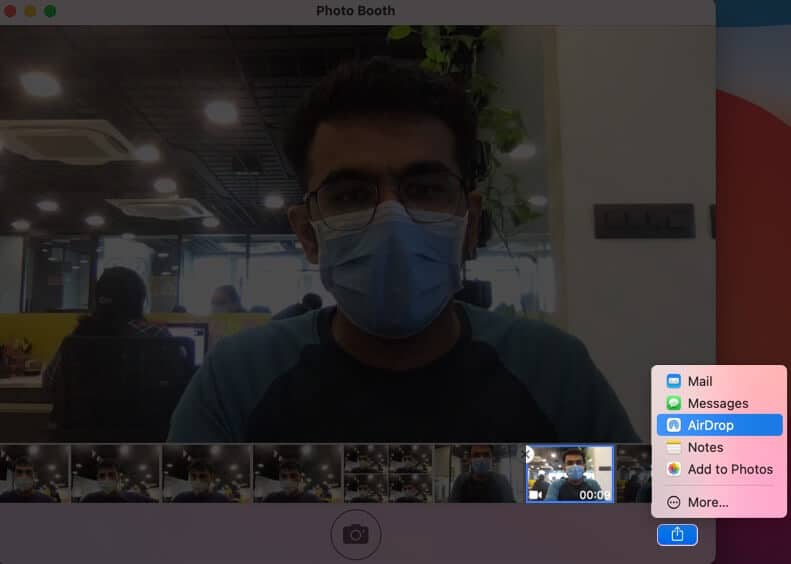 Select Video and Click on Share and Choose Preferred Option in Mac Photo Booth App