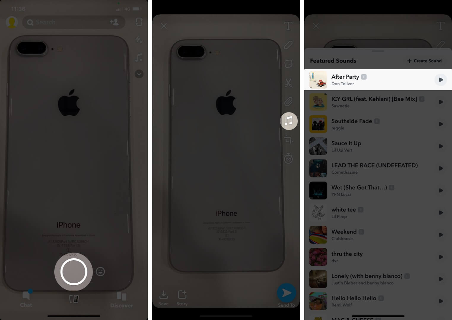 Take Snap Tap on Music and Then Tap on Song in Snapchat on iPhone