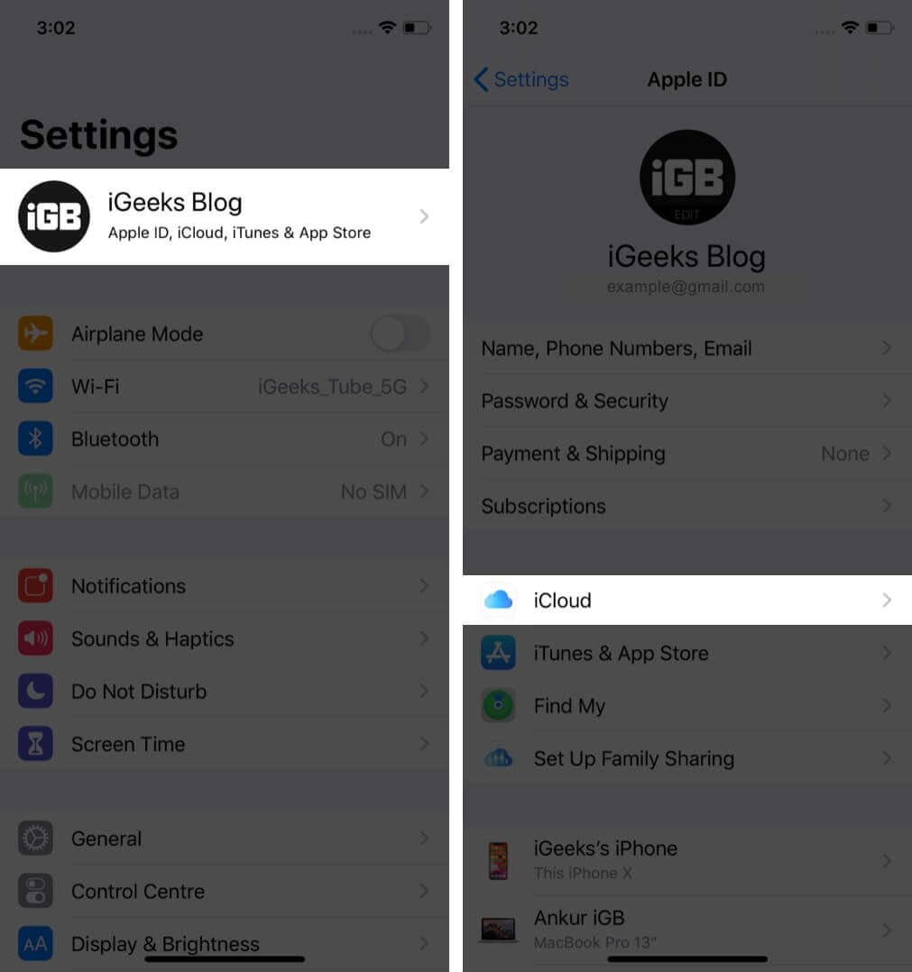 tap on apple id and tap on icloud in iphone settings
