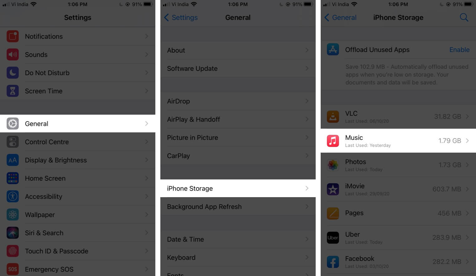 Tap on General and iPhone Storage Then Tap on Music in iPhone Settings