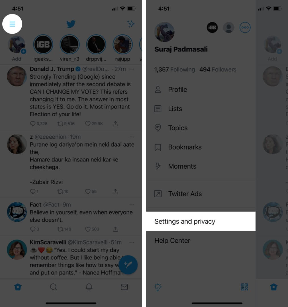 Tap on Hamburger icon and Then Tap on Settings and Privacy in Twitter App on iPhone