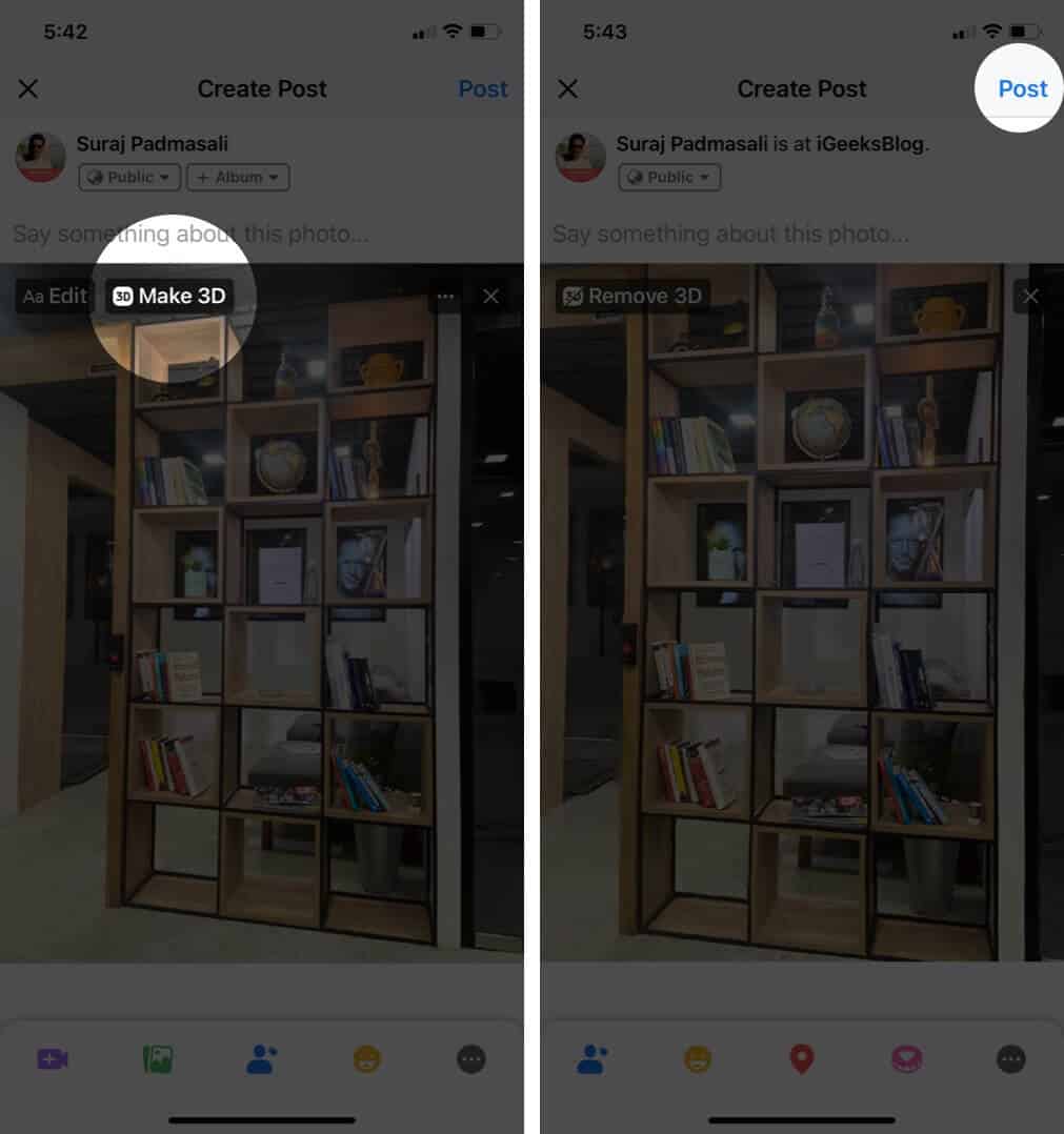 Tap on Make 3d to Convert Image into 3d to Post Live Photo on Facebook from Your iPhone