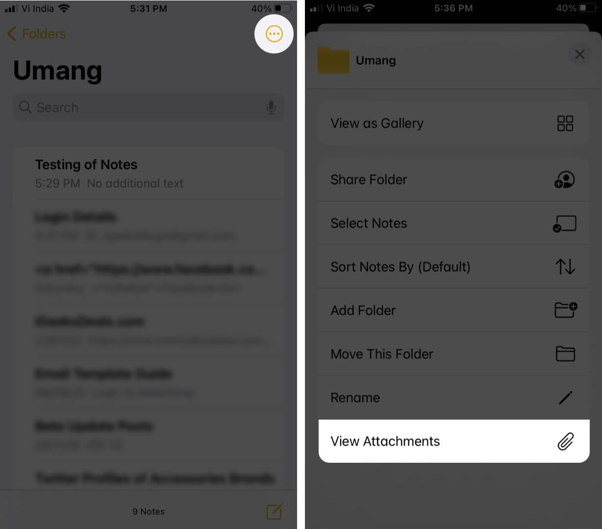 Tap on More and Then Tap on View Attachment in Notes App on iPhone