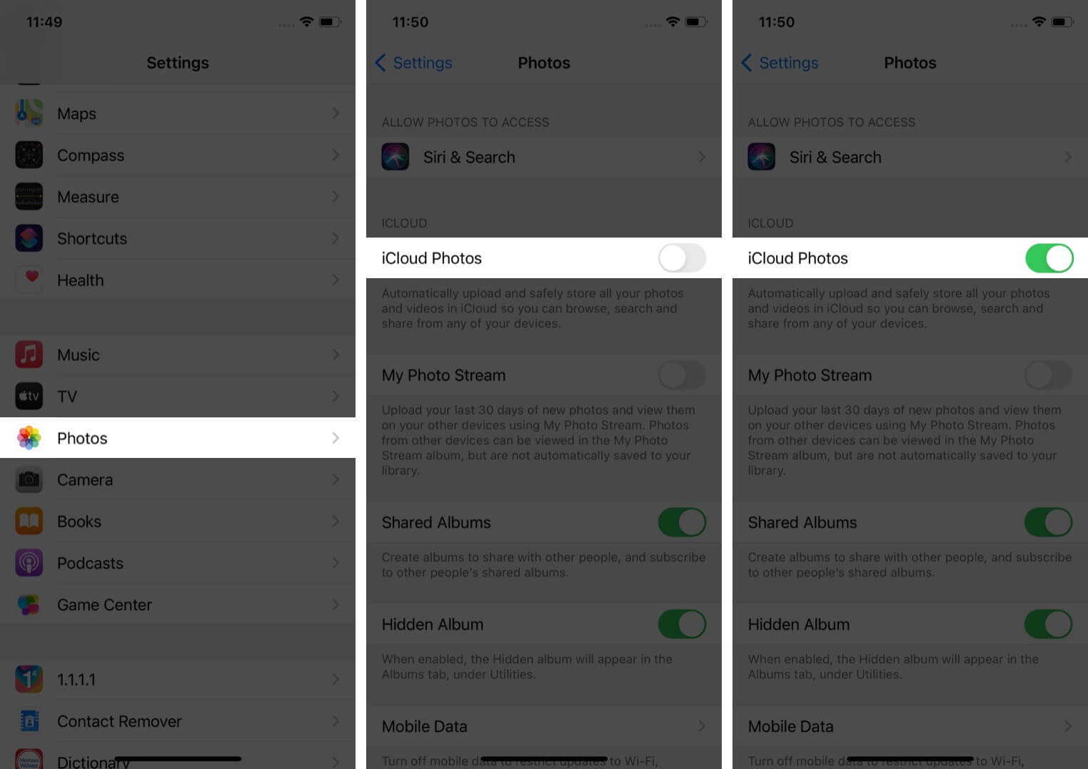 Tap on Photos in Settings and Turn ON Toggle to Enable iCloud Photos on iPhone