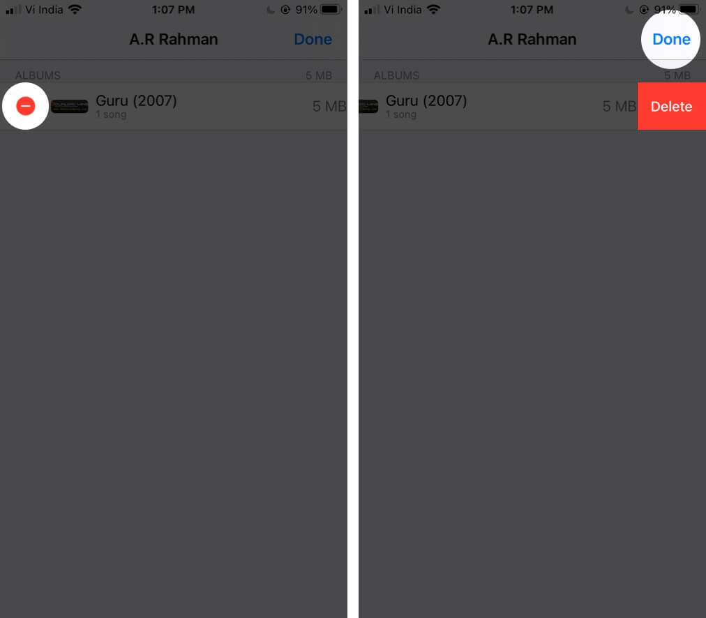 Tap on Red Minus Button and Then Tap on Delete to Remove Purchased Music on iPhone