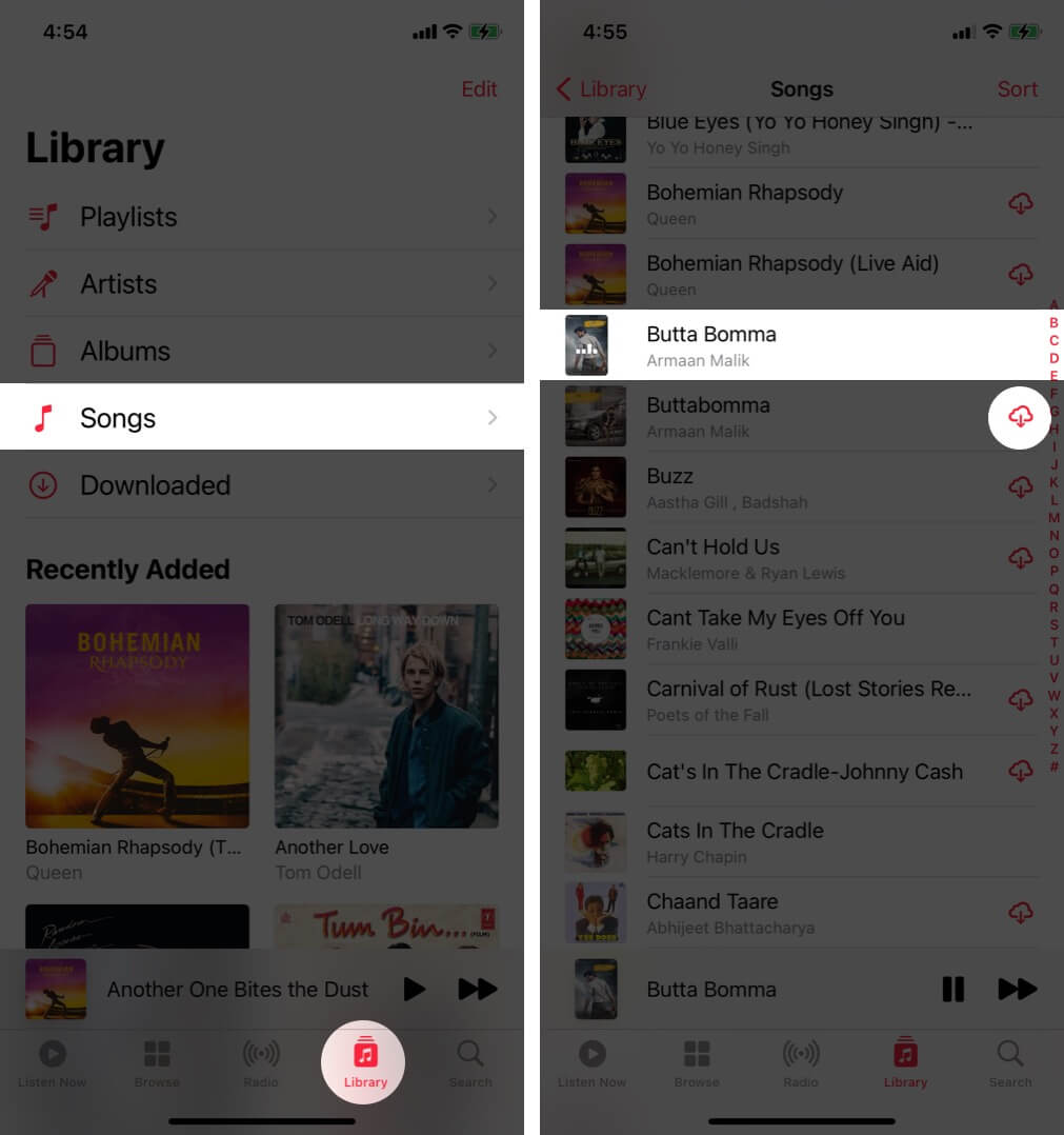 Tap Song in Library to Play or Tap Download Icon