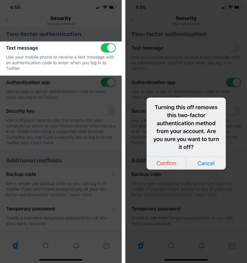 Turn off Two-Factor Authentication for Twitter on iPhone