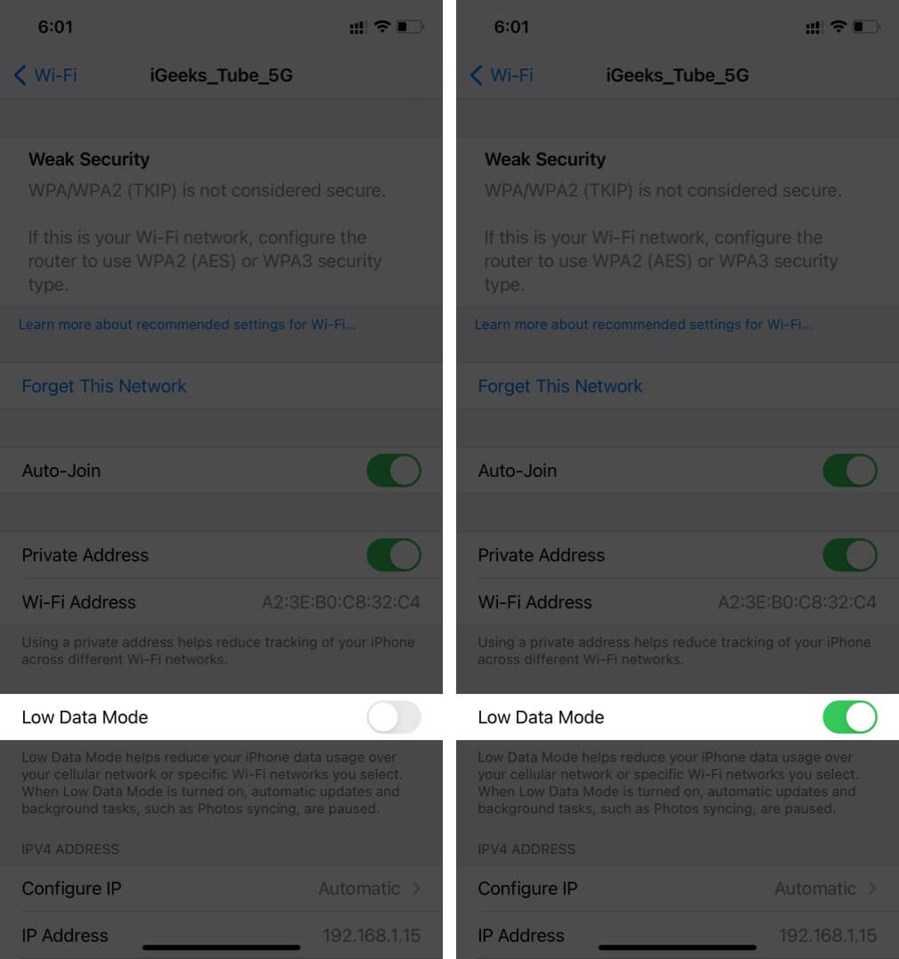 Turn On Low Data Mode for WiFi Data on iPhone