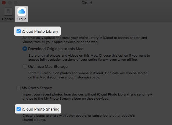 Turn ON Options in iCloud Tab to Enable iCloud Photos on Mac