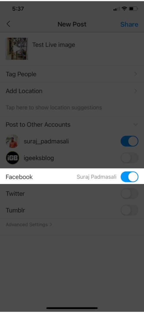 Turn ON Toggle to Share Post on Facebook