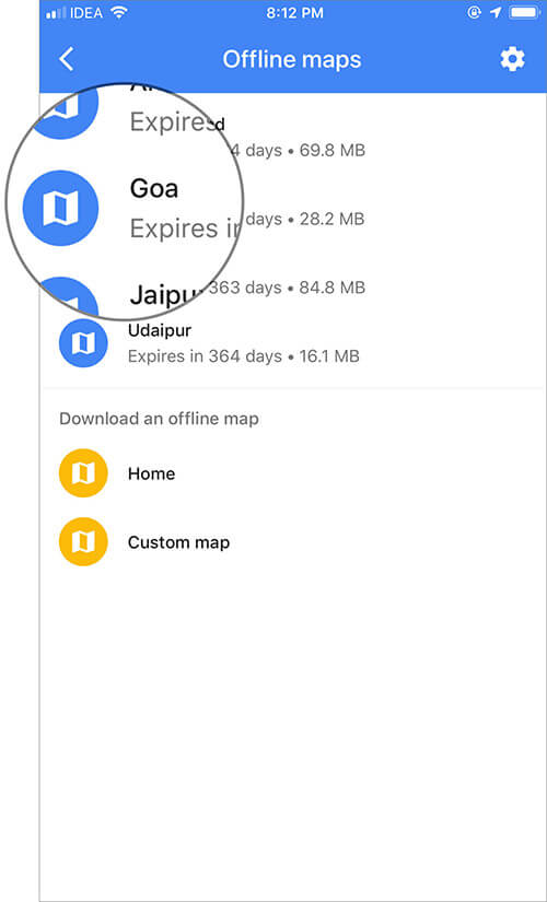 Select the Offline map area you wish to delete in Google Maps app
