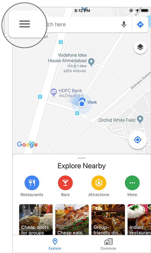 Tap on Menu button in Google Maps app