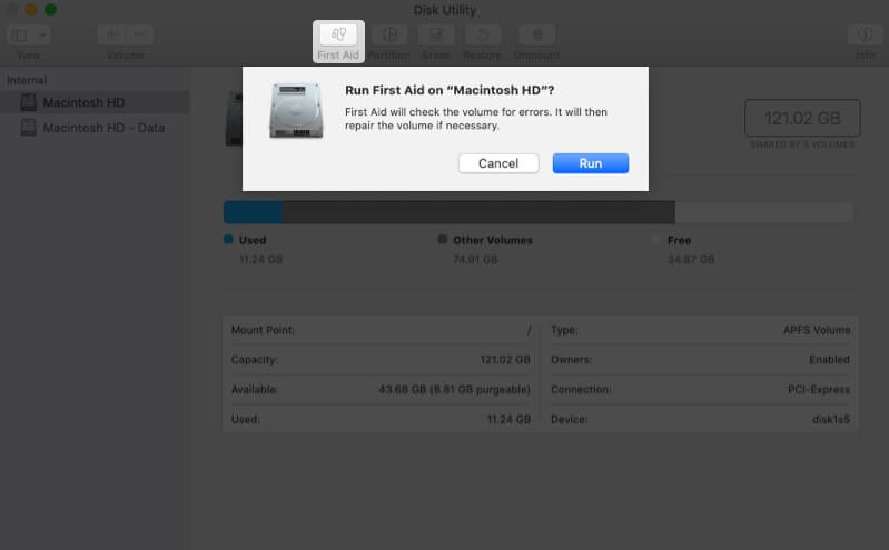Click on First Aid and Then Click on Run in Disk Utility on Mac