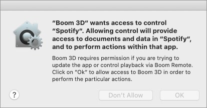 Нажмите OK, чтобы разрешить доступ к Boom 3D для изменения звуковых эффектов в песнях в музыкальном приложении.