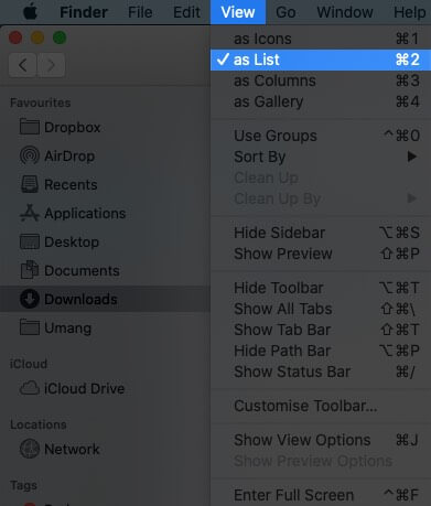 Click on View and Choose as List in Finder on Mac