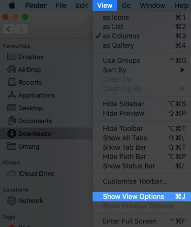 Klicken Sie im Mac Finder auf Ansicht und wählen Sie Ansichtsoptionen anzeigen