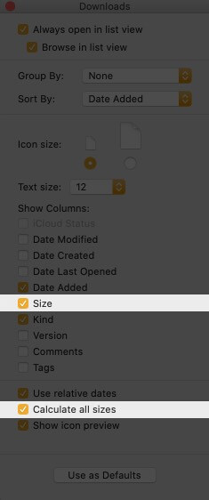 Enable Size and Calculate All Size on Mac