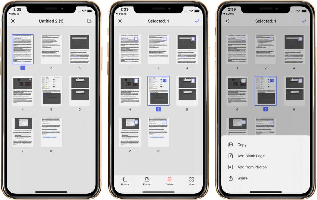 Извлечение выбранных страниц из PDF с помощью приложения PDFelement Pro на iPhone