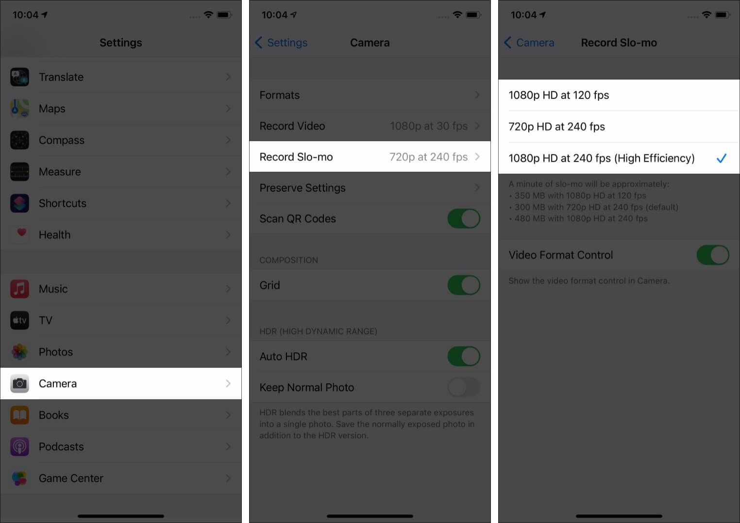 Inside Settings Tap on Camera Record Slo-mo to Change Quality and fps