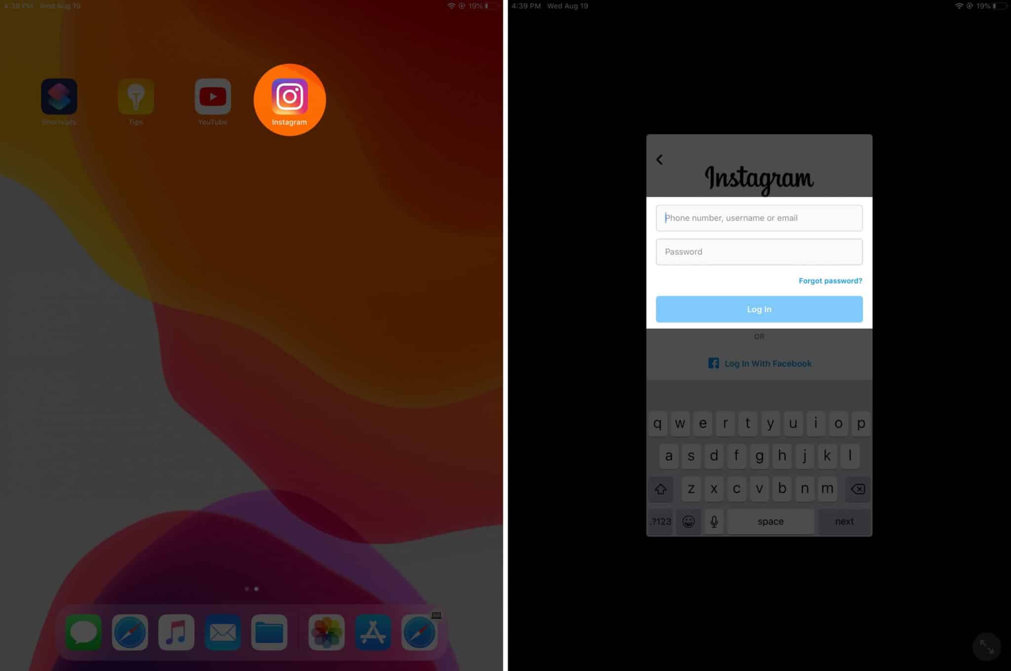 open instagram app and login to your account on ipad