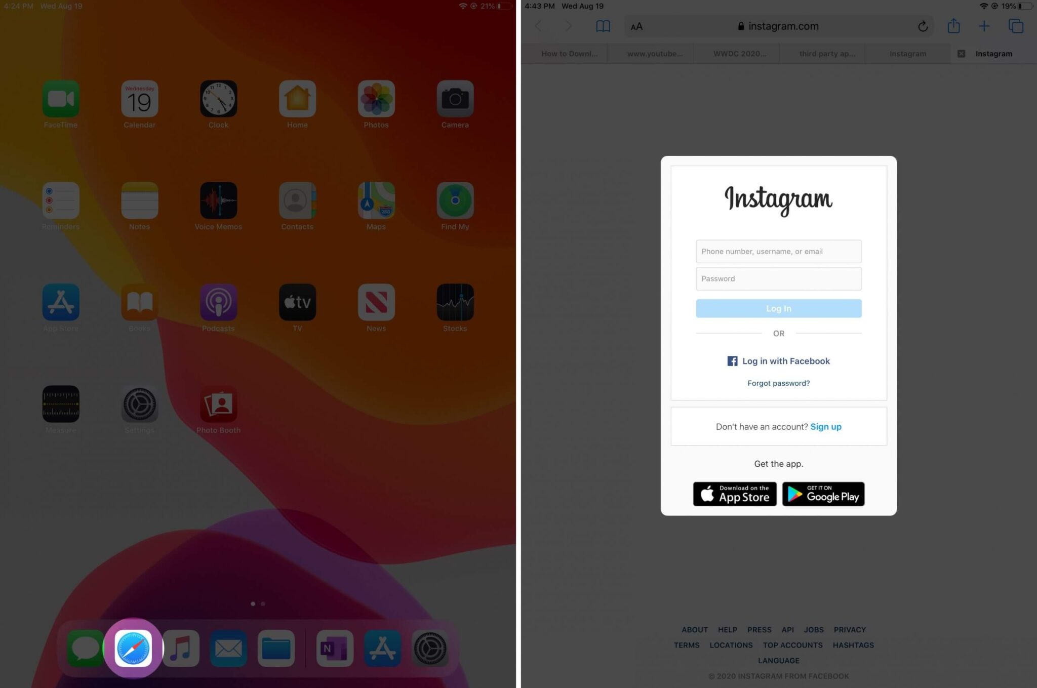 open safari app and login to instagram on ipad