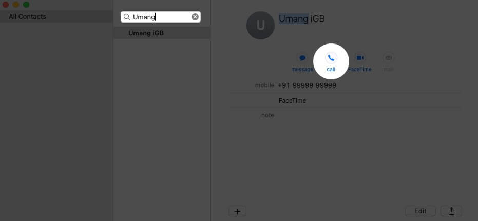 Search Contact Click on Call Button on Mac