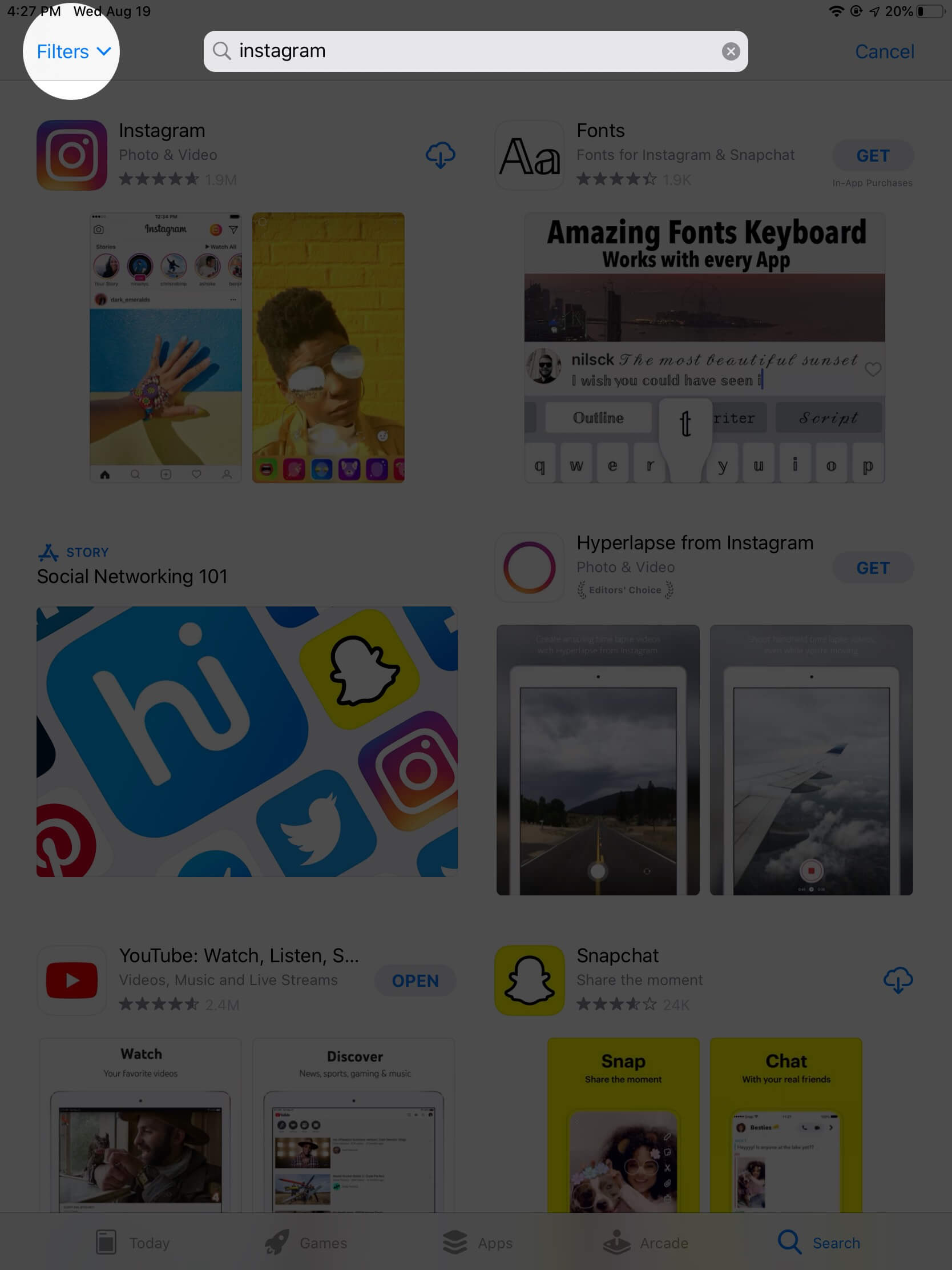Instagramı axtarın və filtrlərə vurun