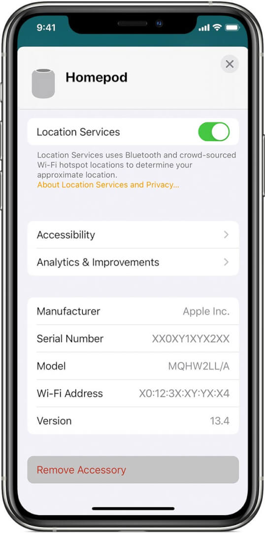 Нажмите «Удалить аксессуар», чтобы сбросить Homepod с помощью HomeApp на iPhone.