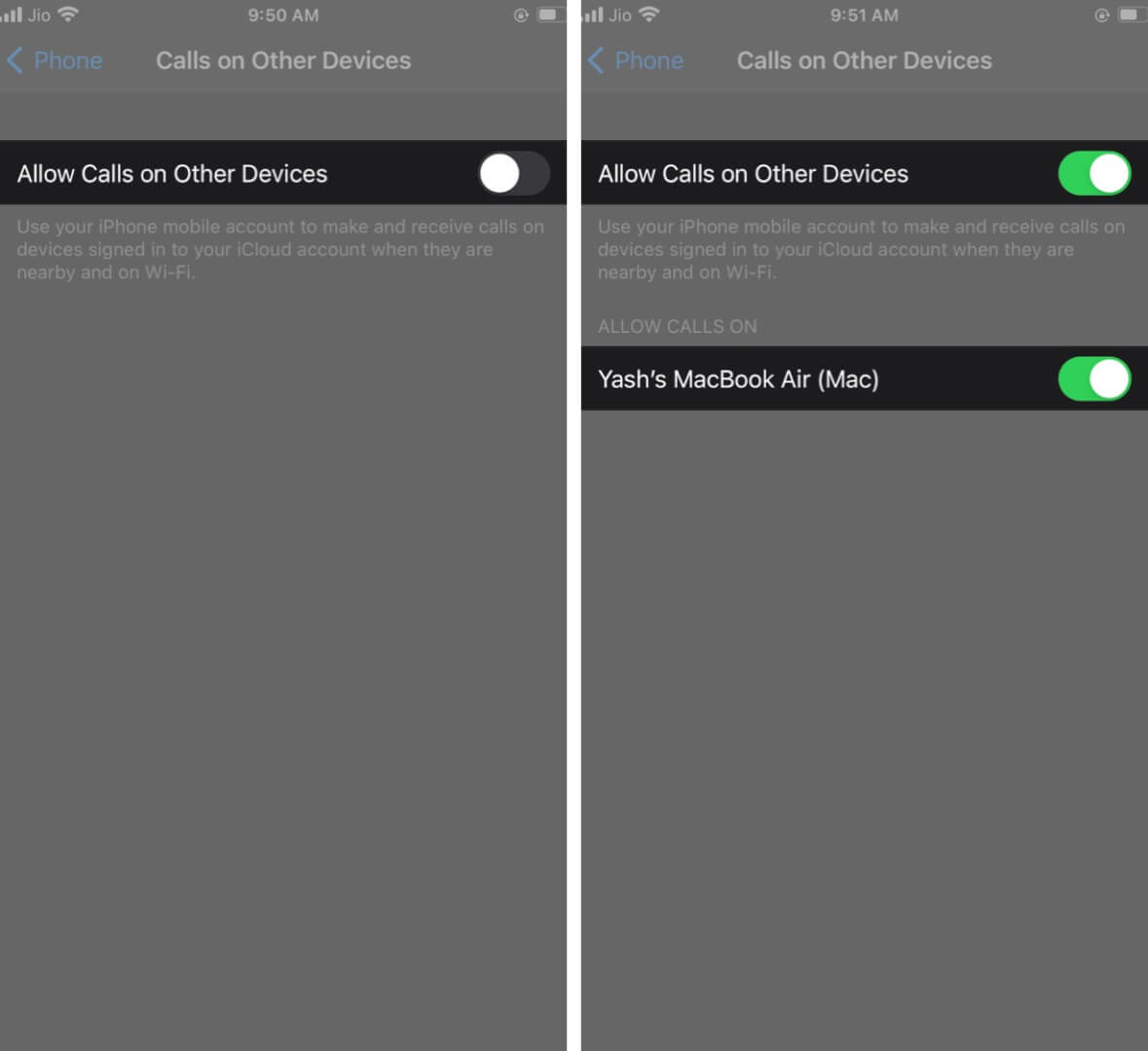 Turn On Allow Calls on Other Devices and Enable Toggle for Device on iPhone