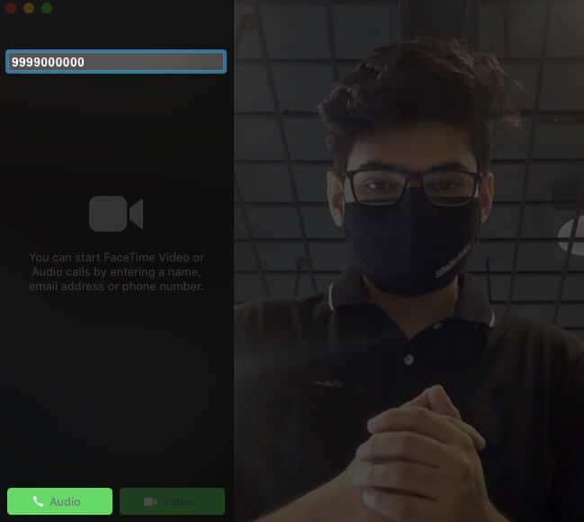 Type Contact Number or Email ID and Then Click on Audio in FaceTime on Mac